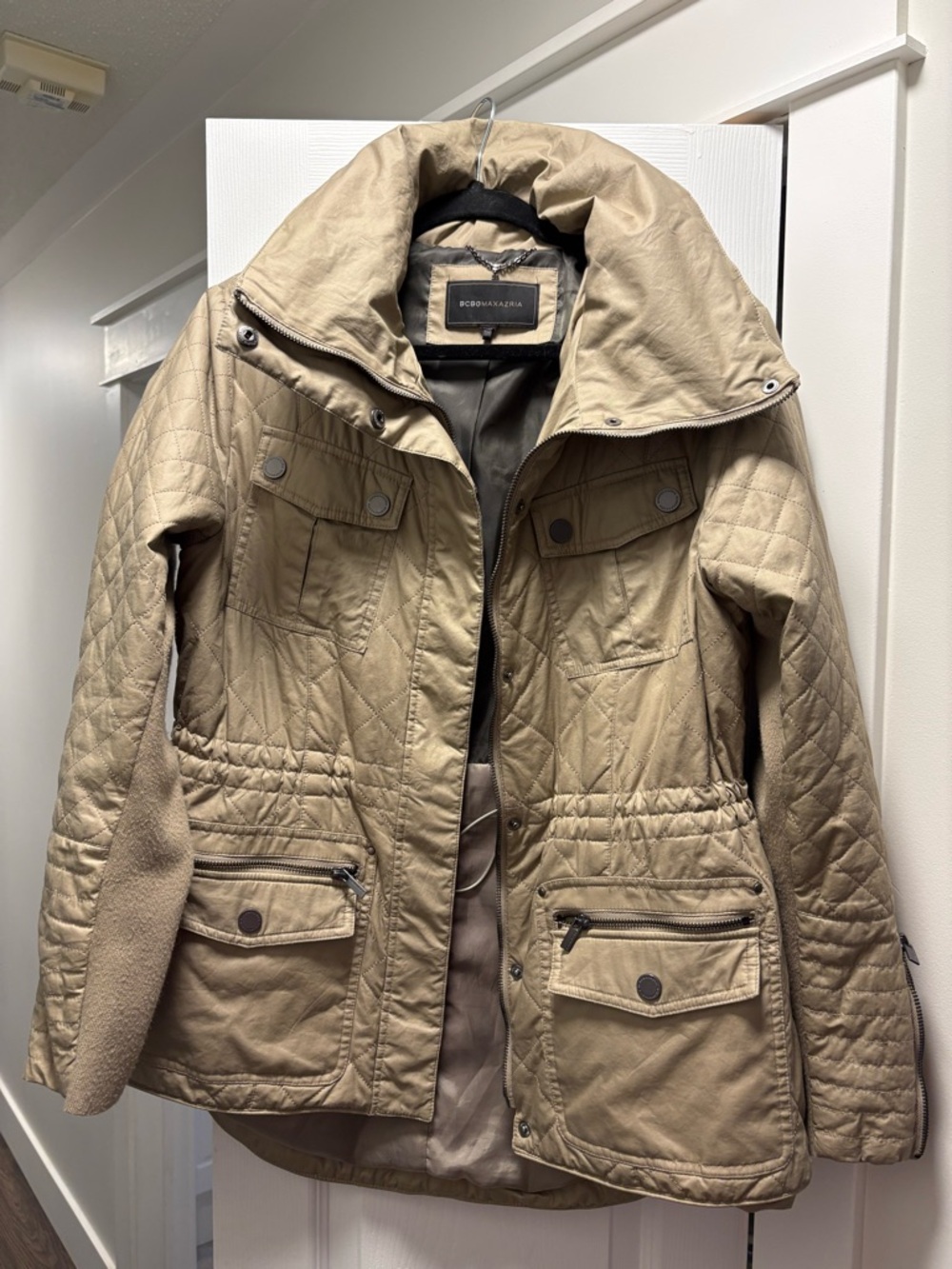 BCBGMaxAzria Quilted Beige/Tan Utility Jacket with High Collar